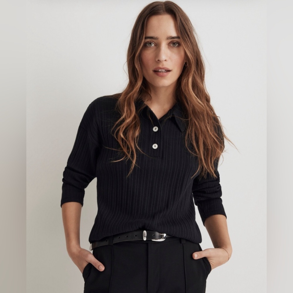 Madewell Black Ribbed Polo Sweater